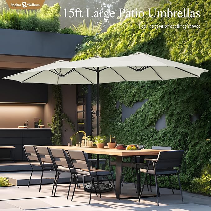 Sophia & William 15 ft Extra Large Patio Umbrella with Base Included, Rectangular Outdoor Umbrella Heavy Duty, Market Umbrella Double-sided Fade Resistant for Pool Garden Backyard, Ivory White