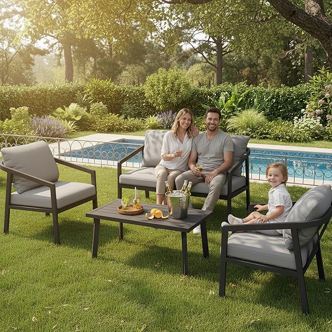Outdoor Patio Coffee Table, Rectangle Aluminum All-Weather Side Table with Wood-Grain Texture, 200lbs Capacity, Modern Patio Furniture Sets for Garden, Backyard, Porch (Black)
