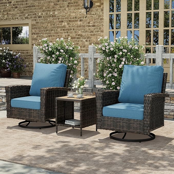 HERA'S HOUSE 3-Piece Outdoor Patio Furniture, High Back Swivel Chairs Set of 2 with Rattan Table, Brown Wicker Conversation Bistro Set with 5.5” Thick Cushion for Deck Porch Balcony Garden Lawn, Blue