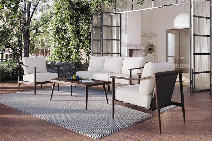 New Classic Furniture Moana Aluminum Metal Patio Conversation Sets for 5 (Ivory) – Stylish Outdoor Patio Conversation Sets – Outdoor Furniture Sets for Balcony, Deck, or Small Outdoor Spaces