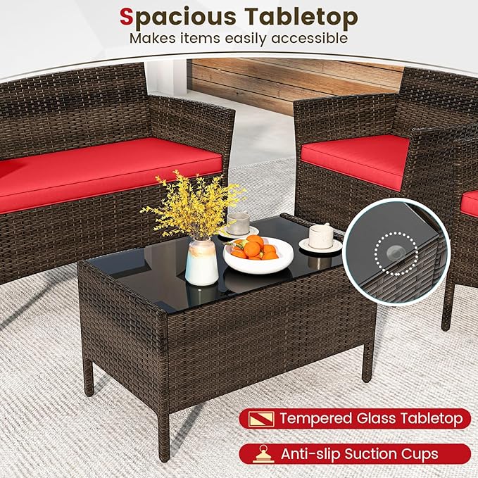 DORTALA 4-Piece Rattan Patio Furniture Set, Outdoor Table & Chair Set with Tempered Glass Coffee Table, Cushion, Wicker Conversation Set for Garden, Lawn, Poolside and Backyard, Red