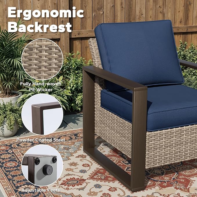 Joyside Outdoor Patio Chairs, 5 Pieces Wicker Rattan Furniture Set, 2 Patio Chairs, 2 Sofa and 2 Ottoman, Metal Wide Armrest, Thick Cushions and Deep Seating for Garden, Backyard, Porch, Deck