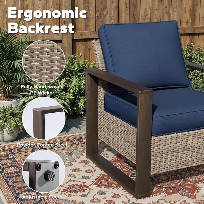 Joyside Outdoor Patio Chairs, 4 Pieces Wicker Rattan Furniture Set, 2 Patio Chairs and 2 Ottoman, Metal Wide Armrest, Thick Cushions and Deep Seating for Garden, Backyard, Porch, Deck