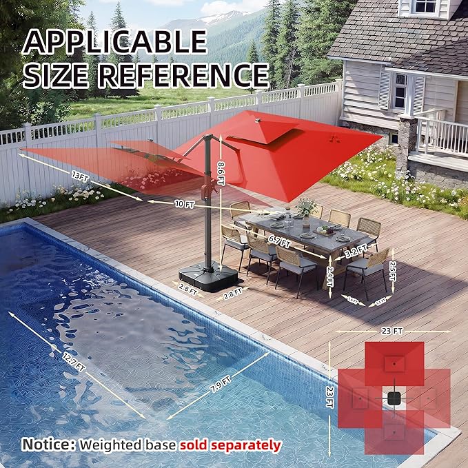10 X 13 FT Cantilever Patio Umbrella with Led Lights Heavy Duty Windproof Double Top Large Rectangle Offset Umbrellas with 360-degree Rotation for Garden Pool Deck Backyard, Red