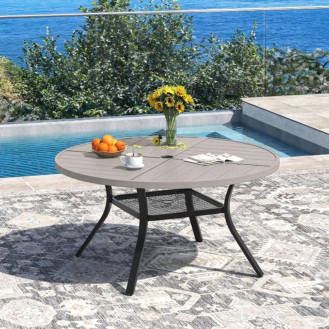 DIFY 7 Piece Outdoor Patio Dining Set for 6, 47.2" Round Dining Table with Umbrella Hole and Stackable Metal Chairs, Patio Table and Chairs Set for Backyard Garden Poolside, Grey Wood-Like & Grey