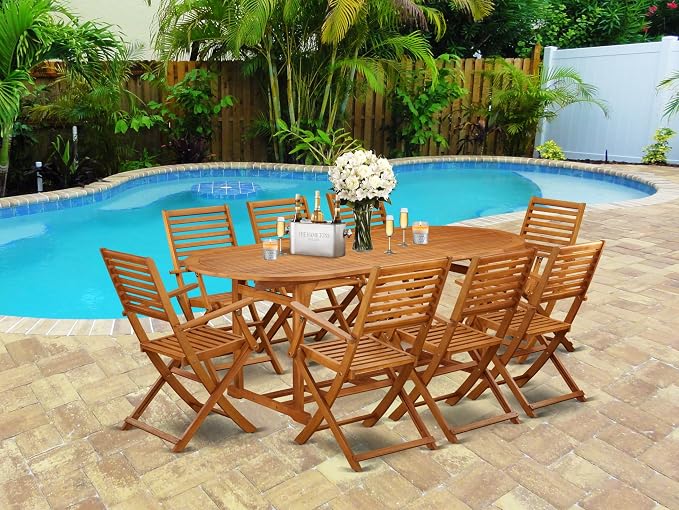 East West Furniture BSBS9CANA 9 Piece Patio Bistro Dining Furniture Set Includes an Oval Outdoor Acacia Wood Table and 8 Folding Arm Chairs, 36x78 Inch, Natural Oil