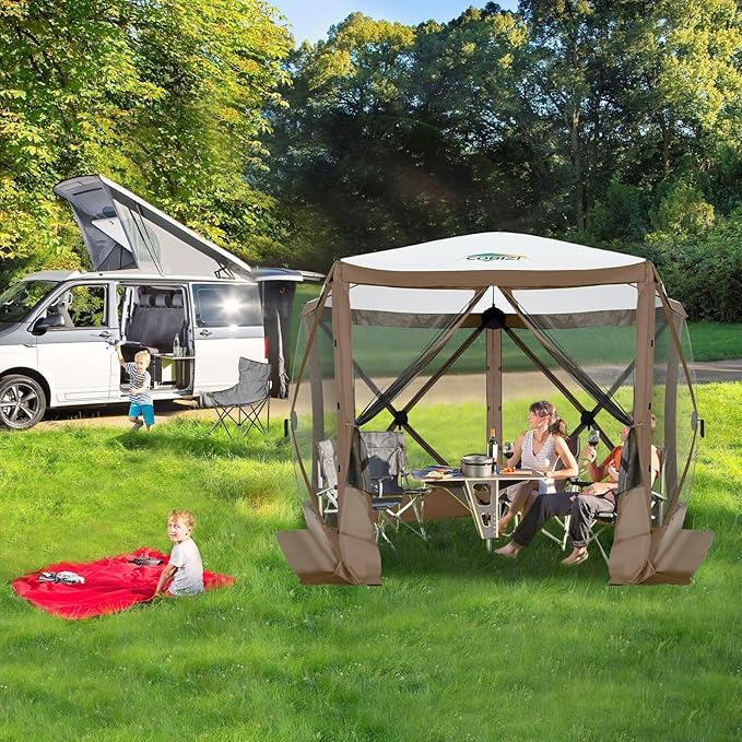 COBIZI 10x10 FT Pop up Gazebo, Popup Canopy Tent, Screened in Gazebos, Waterproof Portable Outdoor Small Screen Tents Sun Shelter,carpas para Patio for Camping, Garden and Backyard,Brown