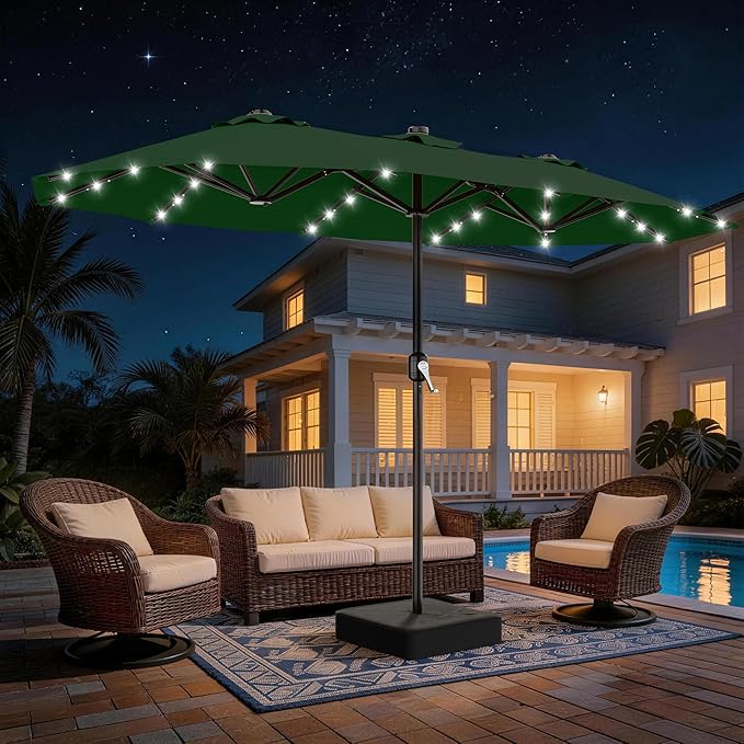 AreShark 13 FT Patio Umbrella with Solar Lights, Double-Sided Outdoor Table Umbrellas with Crank, Large Rectangular Market Umbrella for Porch, Lawn, Pool, Backyard, Dark Green