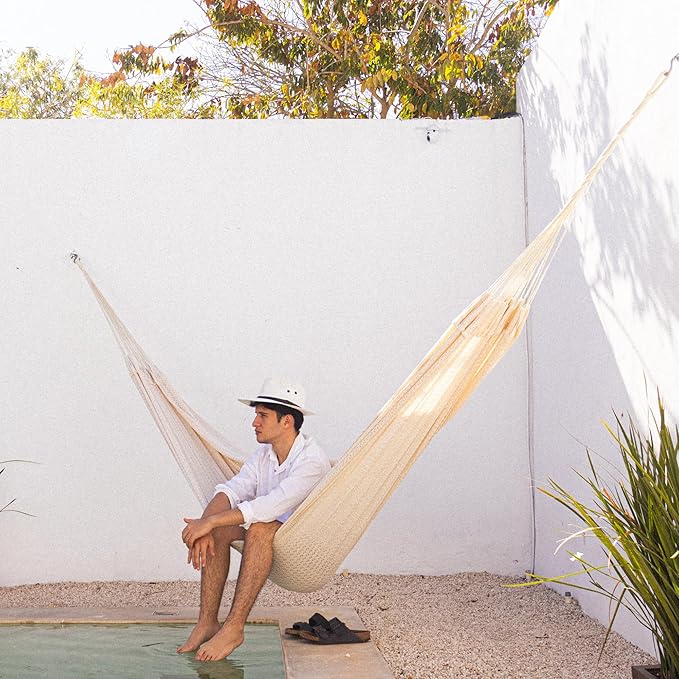 Handwoven Mayan Hammock La Casa de la Hamaca - 100% Cotton Indoor & Outdoor Use Premium Artisan Craft from Mexico (Beige, X-Large)