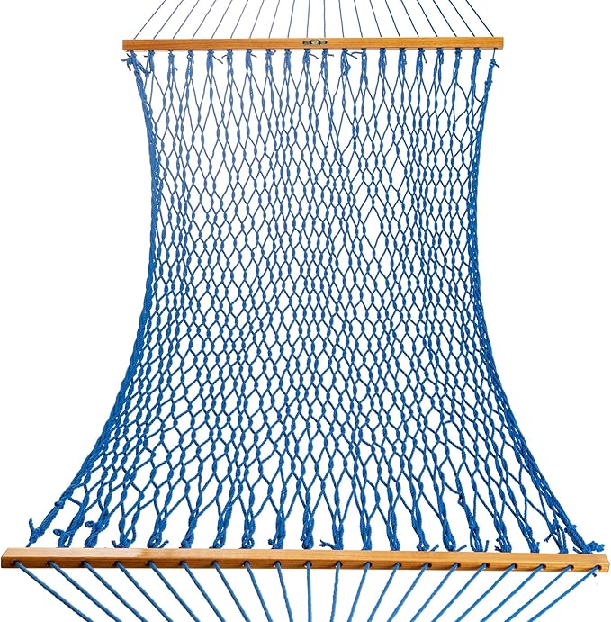 Original Pawleys Island Single Coastal Blue DuraCord Rope Hammock – 12 ft. x 50 in., 1-Person, 450 lb Capacity, Oak Spreader Bar, Zinc-Plated Hardware, Handcrafted in The USA