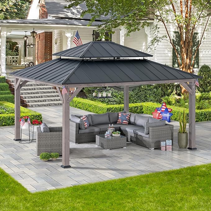 SUNJOY 13 x 15 ft. Wood Gazebo, Outdoor Patio Cedar Framed Wooden Hardtop Gazebo with 2-Tier Metal Roof, Suitable for Patios, Lawn and Backyard, Matte Black Roof + Gray Wood Frame