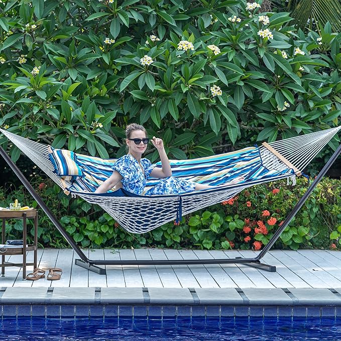 Lazy Daze Hammocks 2 Person Portable Hammock with 12FT Stand, Double Hand Woven Cotton Rope Hammock with Detachable Quilted Pad & Pillow for Outside, 450lb Capacity, Beach Stripes