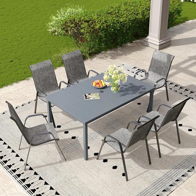 7 Pieces Outdoor Dining Set, 63" Rectangular Table with Umbrella Hole & Stackable Patio Dining Chairs, Patio Table and Chairs Set for Deck Garden Porch, Grey Chairs & Dark Grey Table
