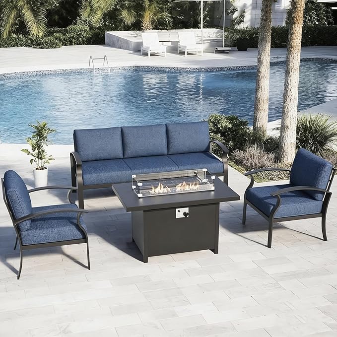 Gotland Aluminum Patio Furniture Set, 4 PCS Metal Outdoor Furniture with 45’’ Fire Pit Table Waterproof 5.1'' Seat Cushions 34.1’’ High Back, Oversized Outdoor Sectional Patio Conversation Sets, Navy