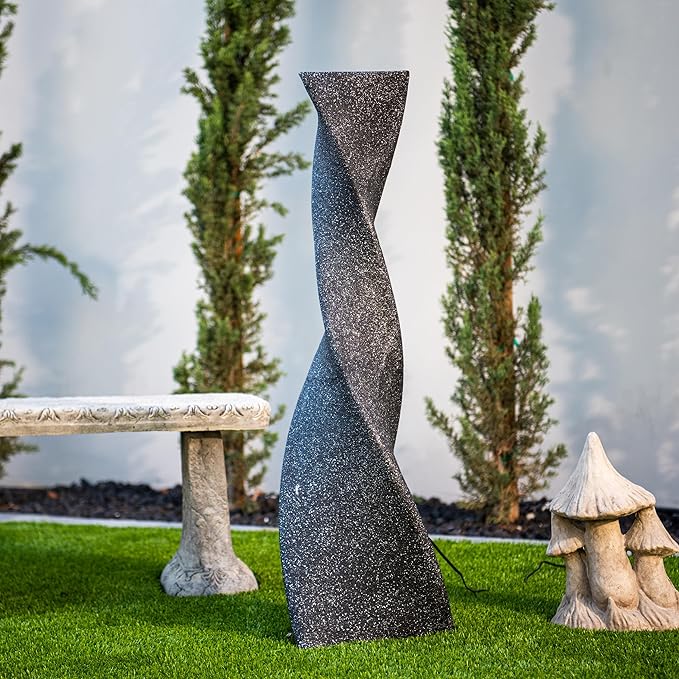 XBrand 39 in. H Freestanding Resin Fiberglass Sculptural Modern Twisted Pilar Outdoor Garden Fountain w/LED Light, Black