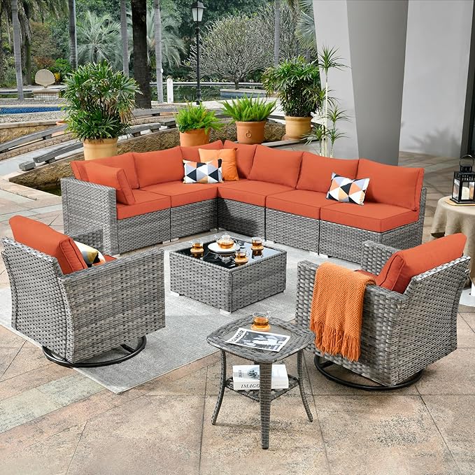 ovios Outdoor 10 Piece Coversation Set with Swivel Rocking Chair,Sectional Patio Furniture Set with All-Weather Wicker Sofa,Modern Outside Couch for Balcony Backyard Pool, Orange