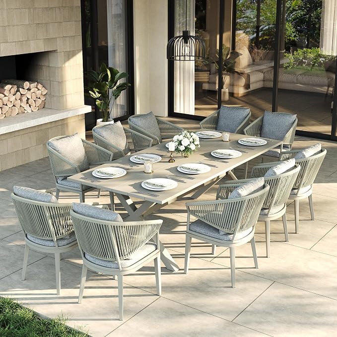 LayinSun 11 Piece Outdoor Dining Table Set, Aluminum Modern Rectangular Dining Table and All-Weather Wicker Chairs Set for Patio Deck Indoor Decor Kitchen
