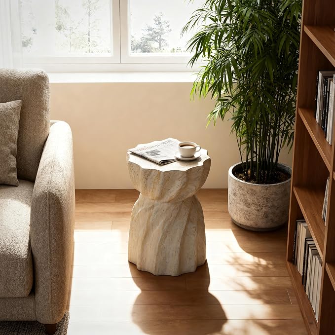 Outdoor Side Table, 18.9 Inch Faux Cement End Table, Magensium Oxide Accent Table for Balcony & Living Room - Beige