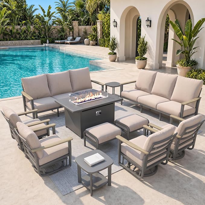Aluminum Outdoor Patio Furniture Set, 11-Piece Sectional Sofa with 5.1" Thick Cushions, Swivel Rocking Chairs, 55,000 BTU Fire Pit Table, Outdoor Couch for Backyard, Deck, Khaki