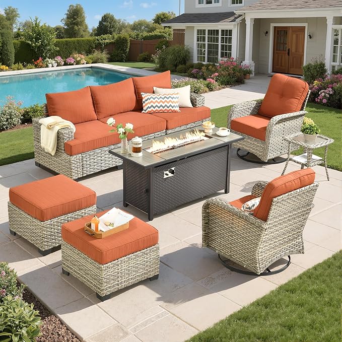Rattan Patio Furniture Set with Fire Pit Table,9 Pieces Outdoor Sectional with Swivel Chairs Ottoman,Out Door Furniture Conversation Set,Orange Red