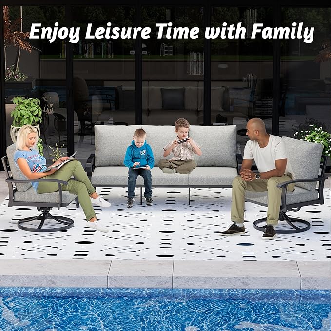HOMREST Patio Furniture Sets 4 PCS Outdoor Metal Conversation Sets, 360 Degree Swivel Rocking Chairs Patio Conversation Set with Coffee Table and 3-Seat Sofa for Garden, Deck and Poolside