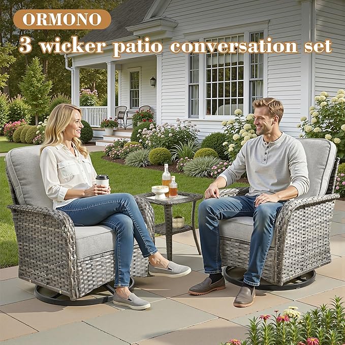 3 Pieces Patio Furniture Set, All-Weather Rattan Wicker Outdoor Furniture with Swivel Rocking Chairs and Side Table, High Back Conversation Set for Porch, Backyard, Balcony,Dark Grey