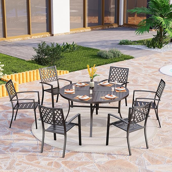 PHI VILLA 7 Pcs Outdoor Dining Set, 54" Round Table& Stackable Chairs | Wrought Iron Dining Table with Umbrella Hole,Ppatio Dining Furniture Set for Patio, Deck, Backard, Porch