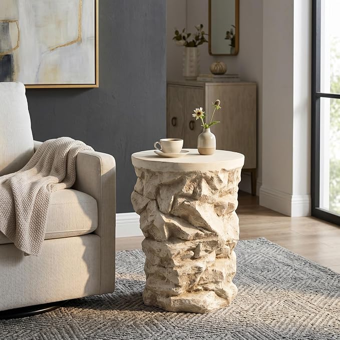 Round Outdoor Concrete Side Table, Cylinder Patio End Table, Faux Stacked Stone Accent Table with Wave for Indoor Outdoor, Garden Stool Coffee Table for Patio, Garden, Backyard - 16.42" Beige MgO