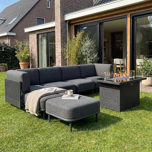 LayinSun 7 Pieces Patio Furniture Set with Fire Pit Table, Modern Outdoor Modular Sectional Conversation Set L-Shaped Sofa with 7-inch Cushion for Garden Backyard Deck
