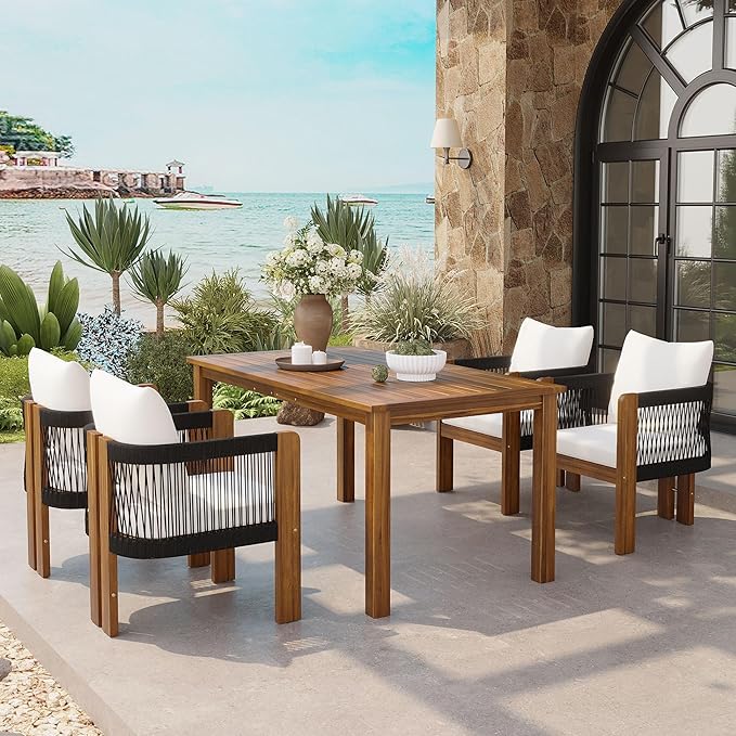 Acacia Wood Patio Dining Set for 4, All-Weather Outdoor Dinning Set Conversation Set with 4 Rope Woven Chairs and Cushions for Garden Backyard Balcony (Black,Brown)