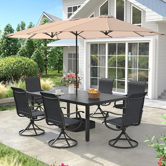 VICLLAX Patio Table and Chairs with Patio Umbrella, 6 Patio Swivel Chairs and Metal Patio Table with 15ft Wheat Outdoor Umbrella for Backyard, Dark Charcoal Chairs & Black Tabletop