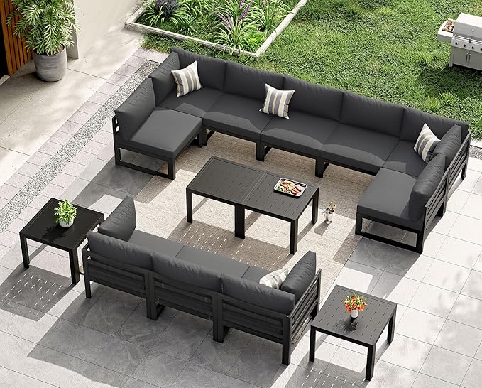 NICESOUL 14 Piece Oversized Modern Aluminum Outdoor Patio Furniture Set with Coffee Table, 29" Wide Deep L-Shaped Sectional Sofa, 500lbs Heavy Duty Comfortable Poolside Conversation Set, Dark Gray