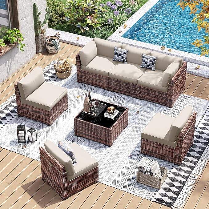 UDPATIO Patio Furniture Set, Modular Outdoor Sectional with 105°Slanted Back, 7 Pieces Rattan Conversation Set for Poolside, Backyard, Deck, with Coffee Table, Waterproof Cover,Khaki