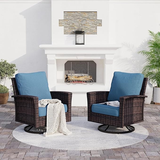 Patio Wicker Swivel Chairs Set of 2, Outdoor High Back Chairs with 5.5" Waterproof Cushions, Outdoor Furniture Set for Deck Porch and Yard, Blue