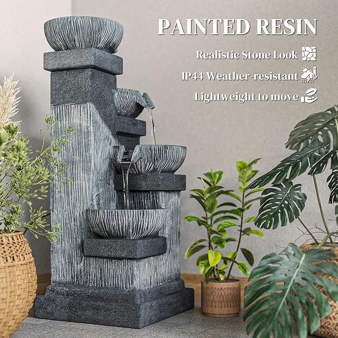 Outsunny 33.5" Tall Outdoor Water Fountain, 4-Tier Floor Standing Resin Cascading Bowls Waterfall Fountain with LED Lights, Pump for Garden, Patio, Backyard