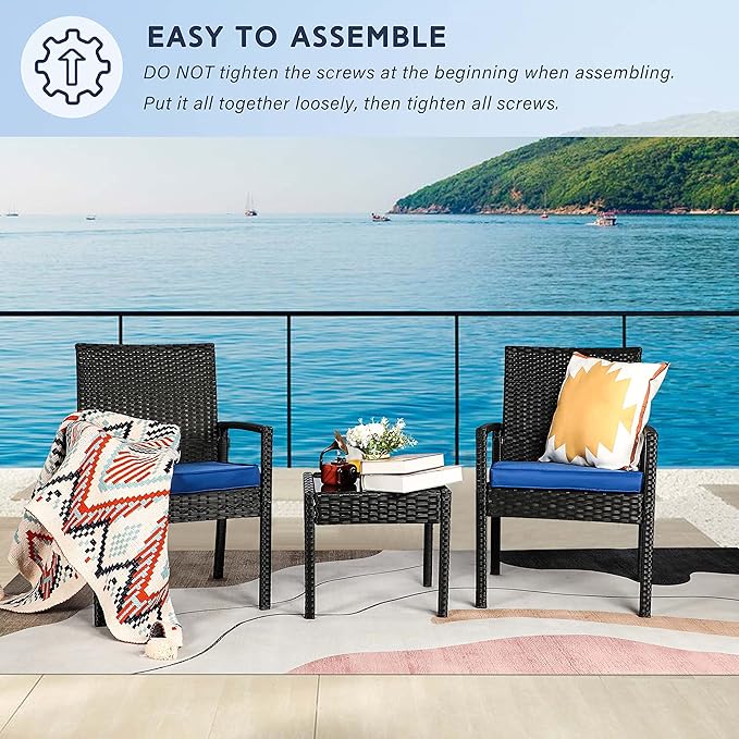 3 Piece Outdoor Patio Furniture Sets, Rattan Conversation Set with Soft Cushion, Wicker Chairs with Coffee Table for Yard Backyard Lawn Porch Poolside Balcony, Blue