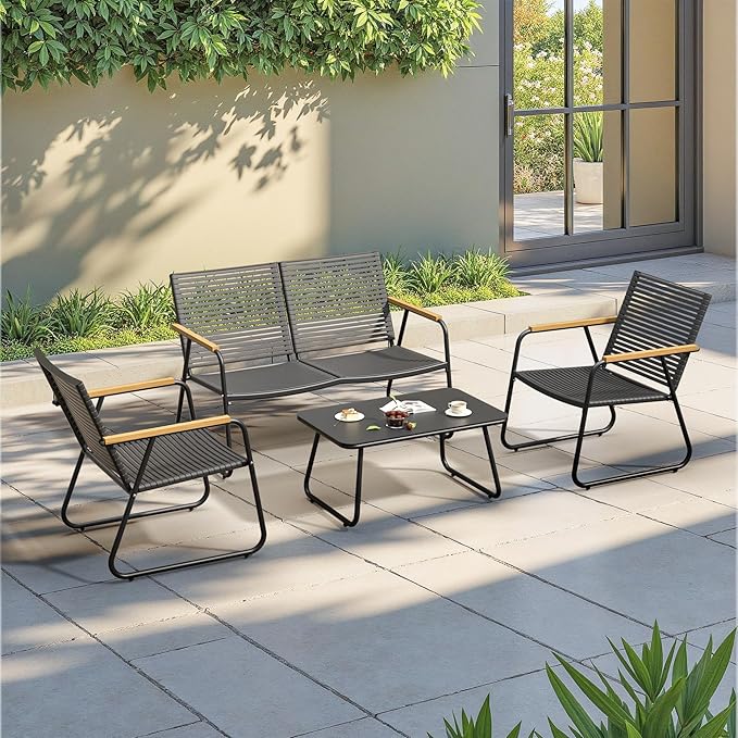 4-Piece Patio Furniture Set, Compact Outdoor Conversation Set with Loveseat, 2 Chairs and Glass Table, Weather-Resistant for Apartment Patio, Small Spaces, Balcony, Backyard – Black