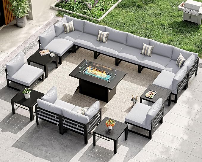 NICESOUL 17 Piece Oversized Aluminum Outdoor Patio Furniture Set with Fire Pit Table & Coffee Table, 29" Wide Deep Sectional Sofa, 500 lbs Heavy Duty Comfortable Conversation Set for Deck, Light Gray