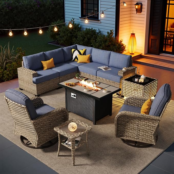 HOOOWOOO Sectional Patio Furniture Set With Fire Pit Table,10 Pieces Wicker Outdoor Furniture L Shaped Couch,Outside Conversation Set Extra Deep Seat Sofa Wide Arm Swivel Chairs Solar Table,Denim Blue