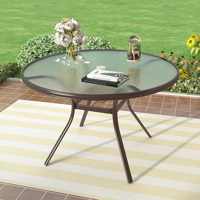 Glass Dining Table, 40" Outdoor Round Patio Table with Steel Base & 1.7" Umbrella Hole, Brown Frame
