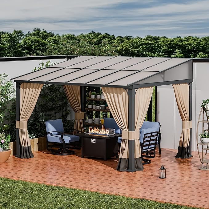 ALAULM 10'x 12' Outdoor Hardtop Pergola,Wall Mounted Lean to Gazebo with Curtains and Netting,Galvanized Metal Frame,Sunshade for Patio, Backyard, Deck and Lawns-Sand
