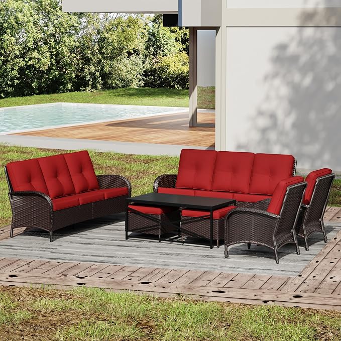 Joyside Wicker Patio Furniture Set, 7 Piece Outdoor Furniture Set with Thickened Cushions, High Back, Deep Seating, Wide Armrest, Rattan Outdoor Chairs for Porch, Deck