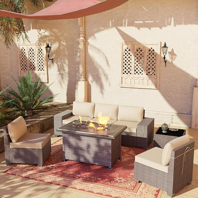 7 PCS Outdoor Patio Furniture Set,Outdoor Sectional Furniture with 43" 55000 BTU Gas Propane Fire Pit Table,All Weather PE Rattan Wicker Patio Conversation Set,Sand