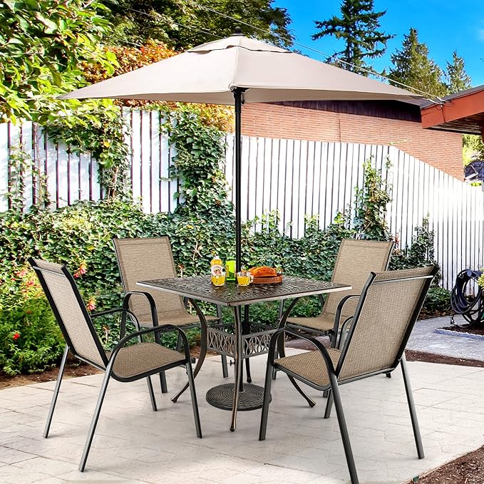 Tangkula 35.4 Inches Outdoor Dining Table, All-Weather Cast Aluminum Table with Umbrella Hole, 4 Person Square Dining Table for Garden, Backyard and Poolside
