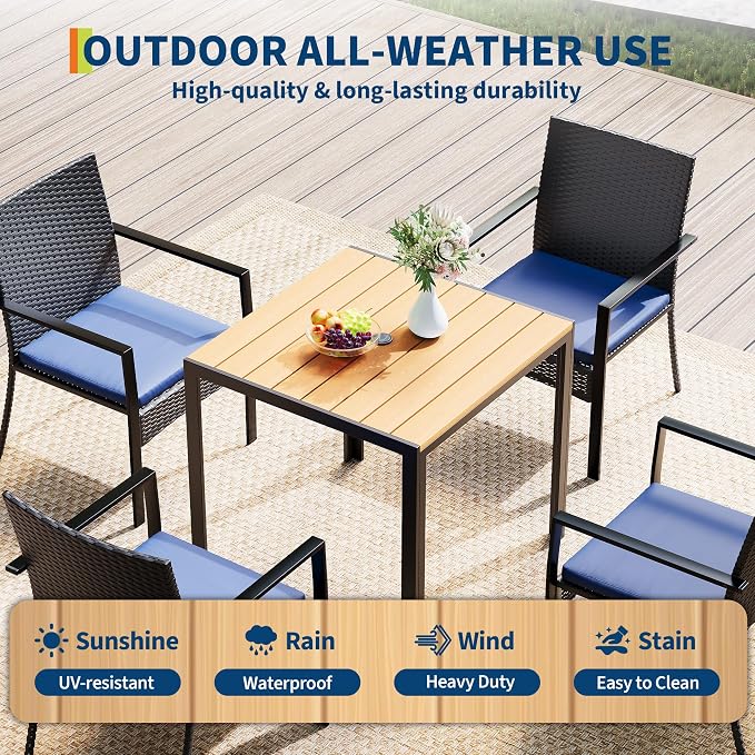5 Piece Patio Dining Set, Wicker Outdoor Table and Chairs with Umbrella Hole ＆ Soft Cushion, Patio Furniture Set for Backyard, Garden, Poolside, Deck - Black＆Blue
