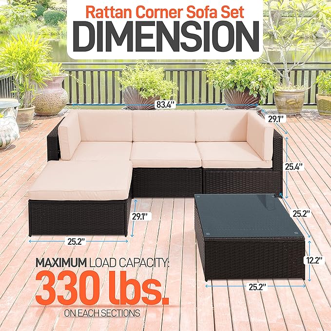 SereneLife Patio Porch Furniture Sets - 5 Piece Patio Accessories and Decor Outdoor, Balcony Patio Conversation Set, Bistro Set, PE Rattan Wicker Chairs w/Soft Cushion & Glass Coffee Table - SLOTFX9