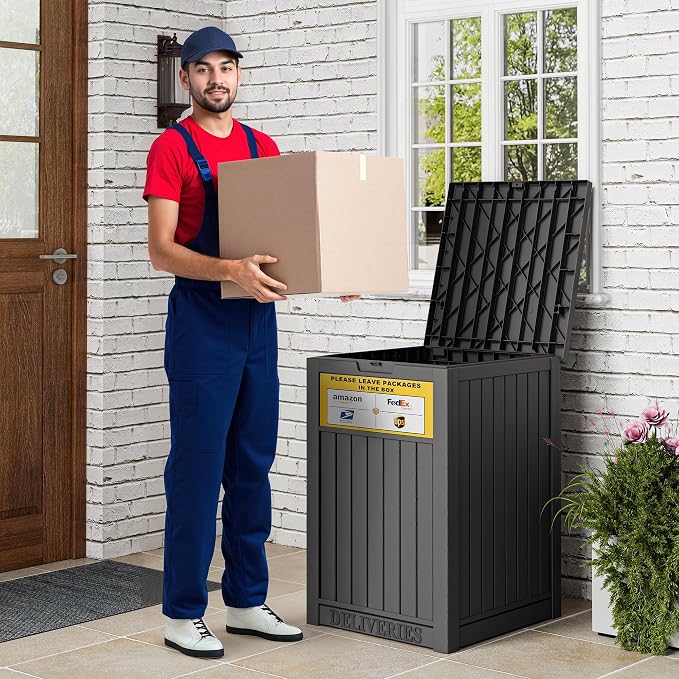 Package Delivery Box for Outside With Sign, Lockable Outdoor Storage Box Waterproof Deck Box, Large Double Wall Resin Parcel Drop Boxes, 48 Gallon, Classic Black
