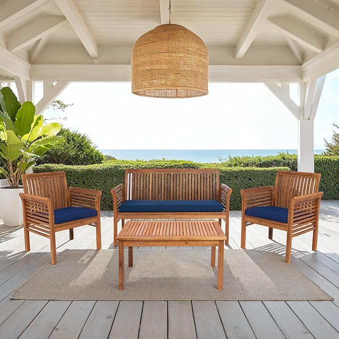 SAFAVIEH Outdoor Collection Carson Natural/ Navy Cushions 4-Piece Conversation Patio Set