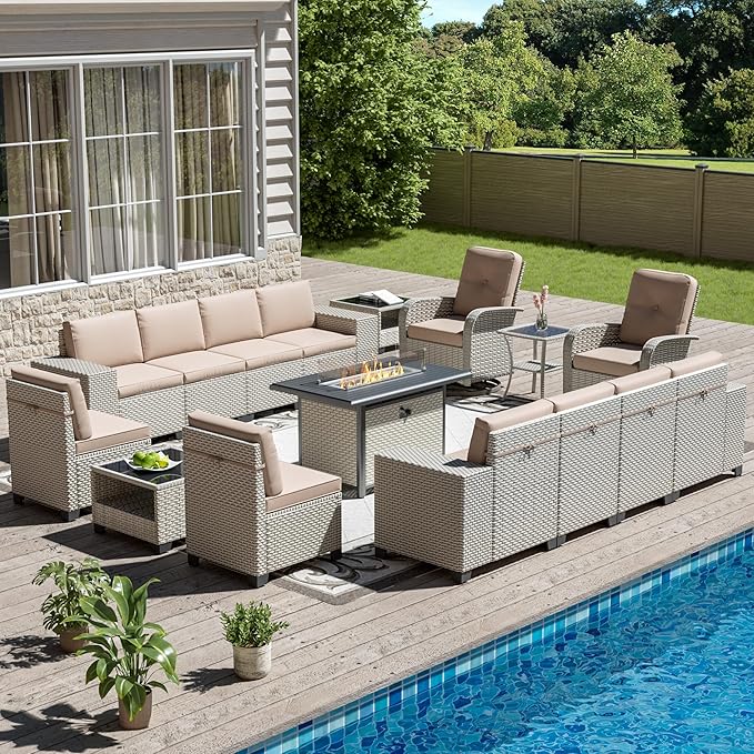 16-Piece Outdoor Patio Furniture Set, Modular Sectional Sofa Set with Swivel Rocker Chairs & Fire Pit, Wicker Outdoor Couch Conversation Sets w/Coffee Table and Cushions, Khaki