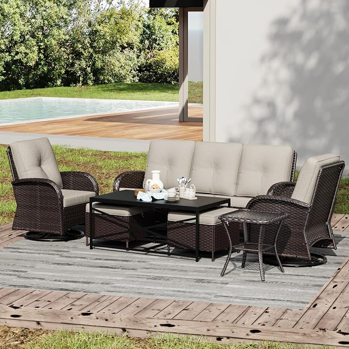 Joyside Wicker Patio Furniture Set, 7 Piece Outdoor Furniture Set with Thickened Cushions, High Back, Deep Seating, Wide Armrest, Outdoor Swivel Rocker Chairs for Porch, Deck
